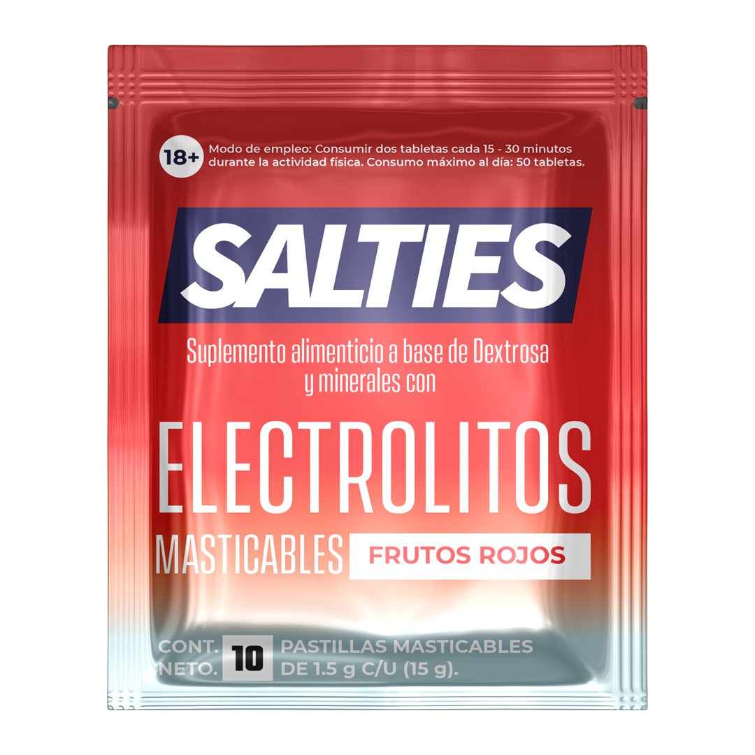 Salties Electrolitos Masticables caja c/16 pzas Sobre c/10 Tabletas c/u Sabor Frutos Rojos